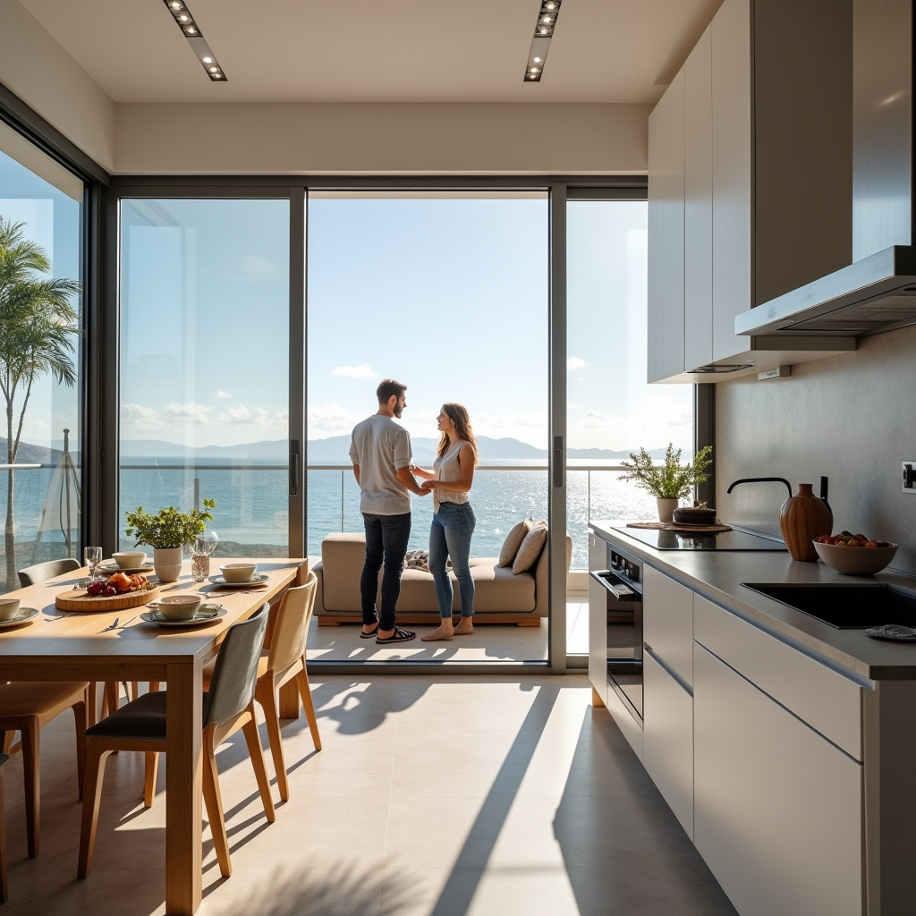 Modern compact apartment in Balneário Camboriú, open kitchen, ocean view, couple enjoying Casal tomando café da manhã em apartamento compacto moderno em BC.