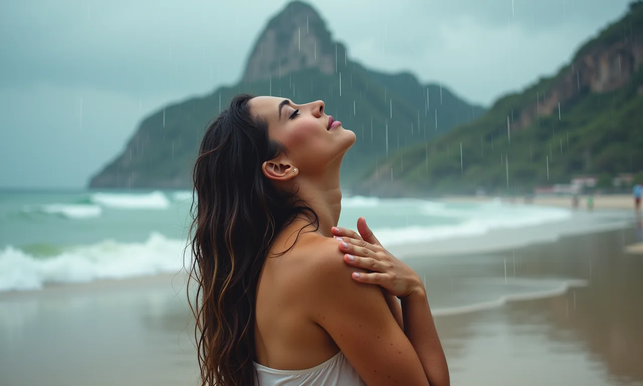 Mulher abraçando a chuva em praia no Rio de Janeiro.