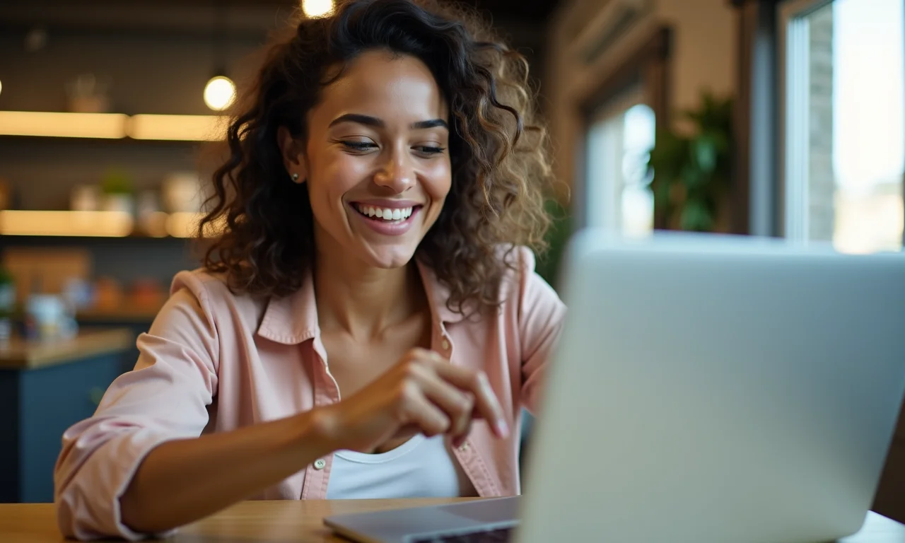 Mulher adicionando produtos ao carrinho de compras online, feliz.