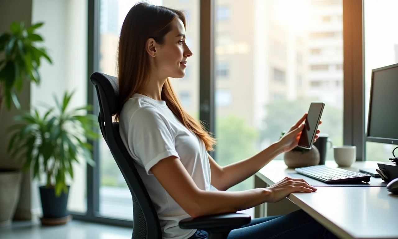 Mulher ajustando sua cadeira ergonômica em um escritório bem iluminado em São Paulo.