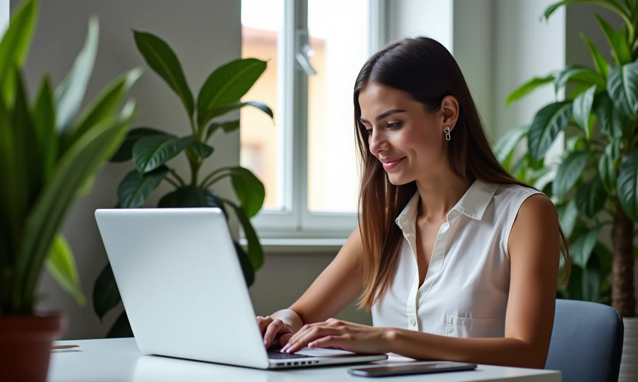 Mulher analisa dados de campanha em home office iluminado e cheio de plantas.