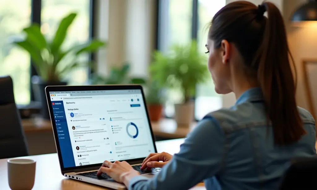 Monitore o Sentimento nos Comentários do Seu Blog Com IA Mulher analisando comentários de blog com IA, interface de análise de sentimento.