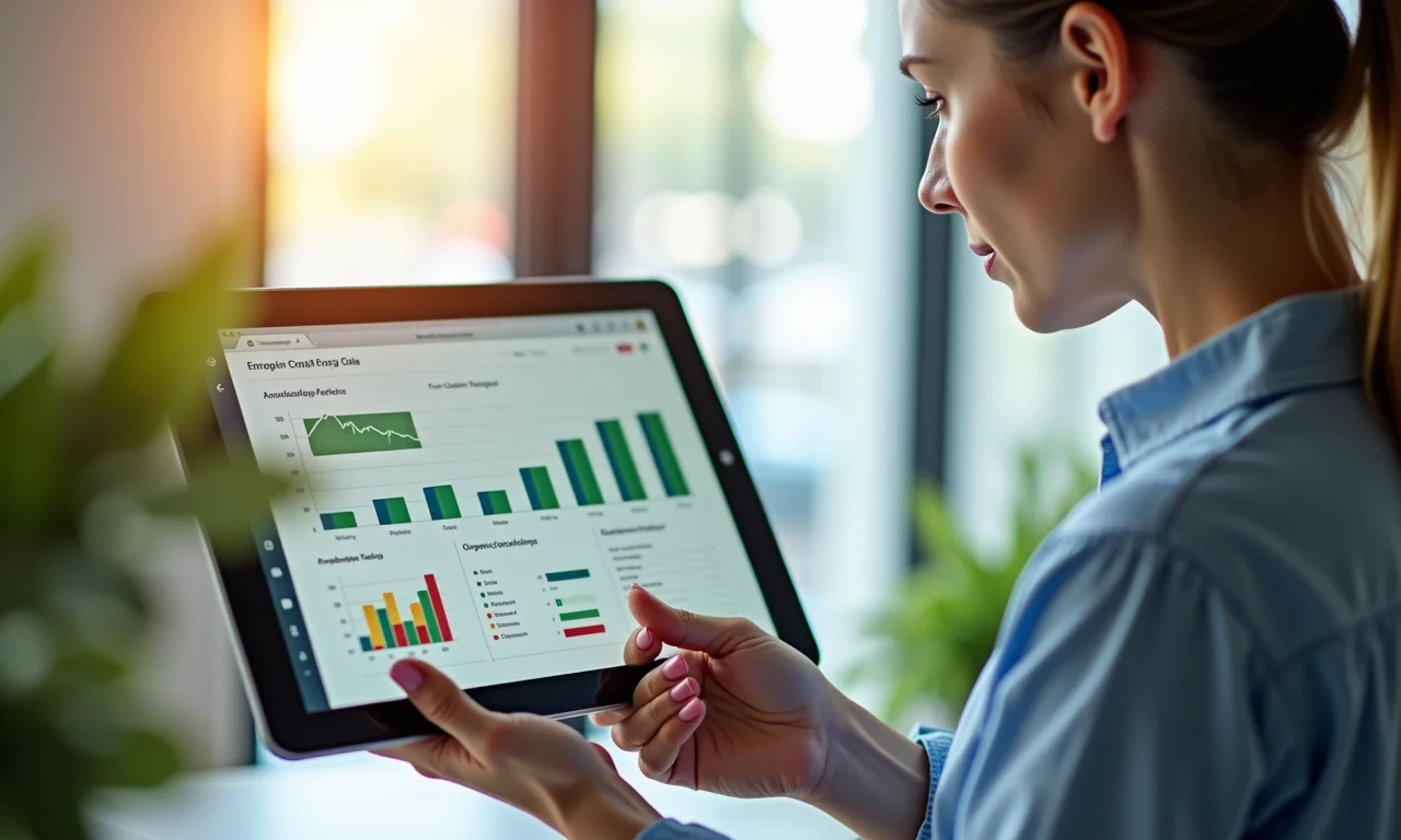 Mulher analisando dados de feedback de clientes em um tablet.