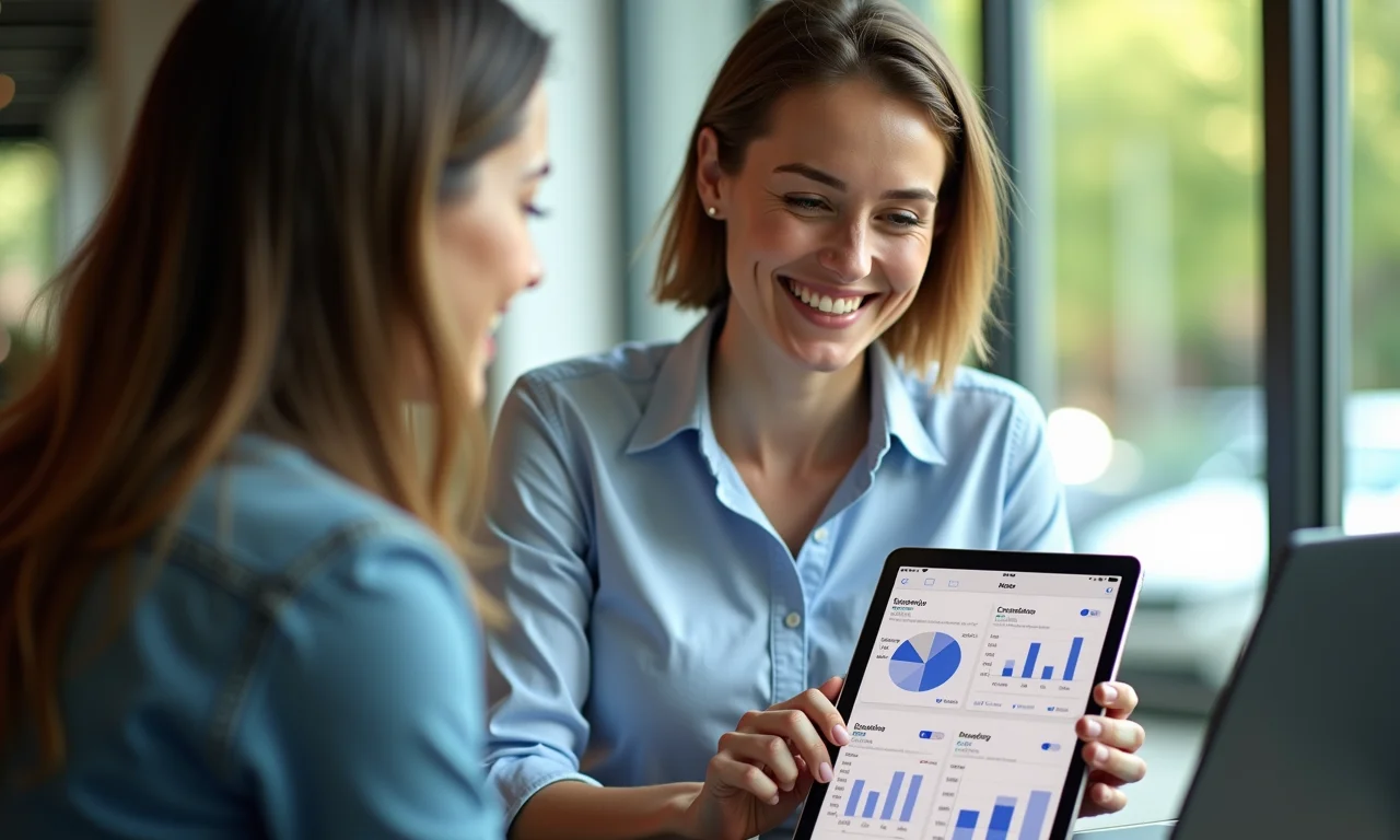 Mulher analisando dados de SMS marketing em tablet.