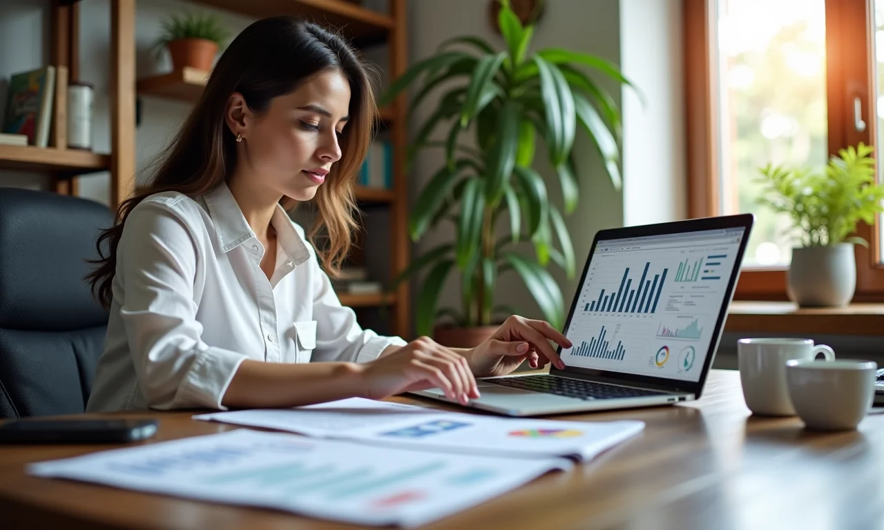 Mulher analisando dados de vendas de chá em home office.