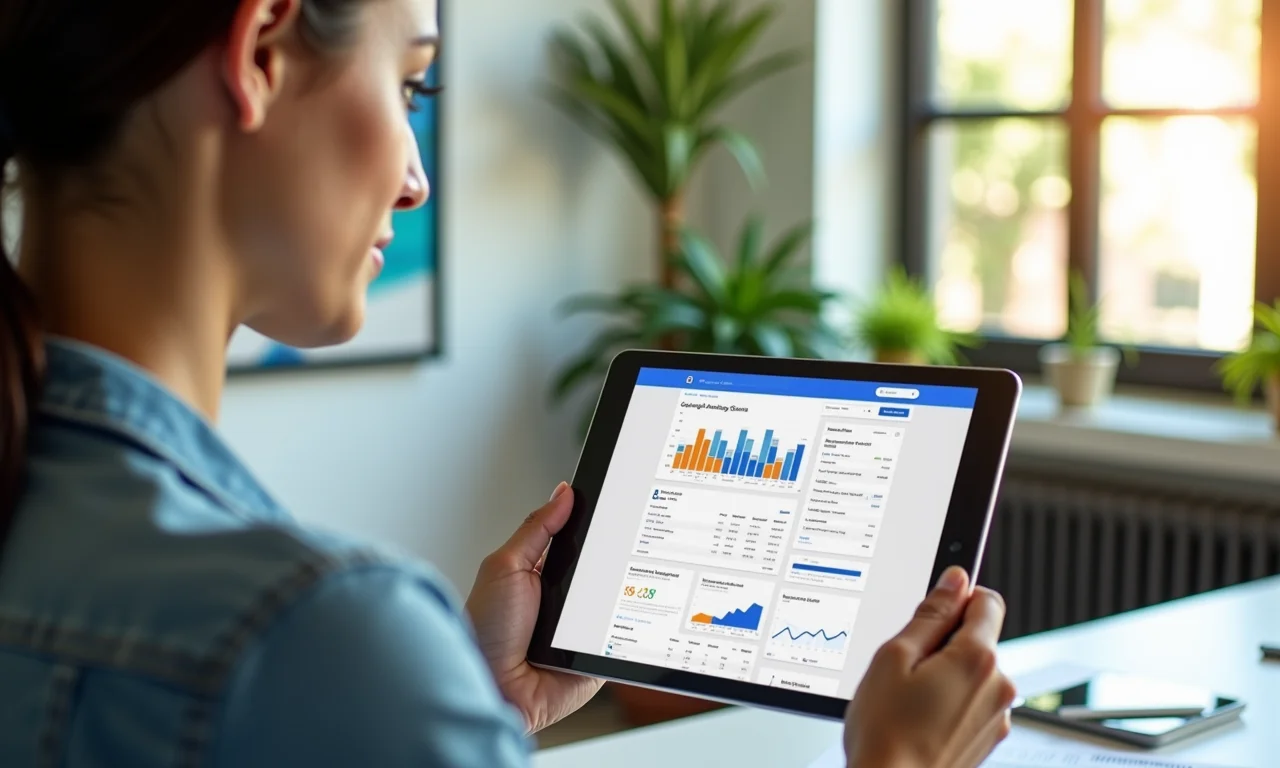 Mulher analisando dados do Google Ads e GA4 em um tablet em escritório iluminado.