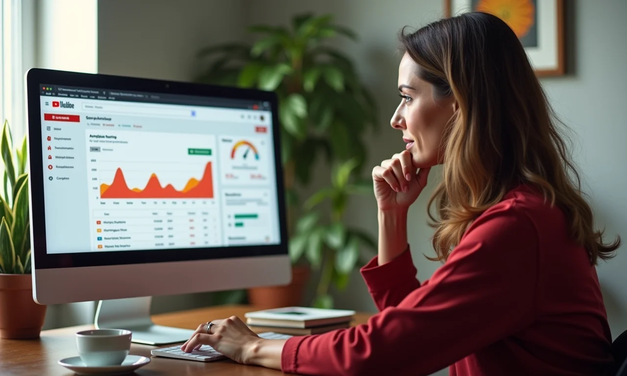 Mulher analisando painel de controle do YouTube Analytics