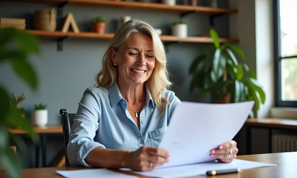 Seguro de Vida para Autônomos em SP Proteja sua Família Mulher autônoma sorrindo, analisando apólice de seguro de vida em SP.