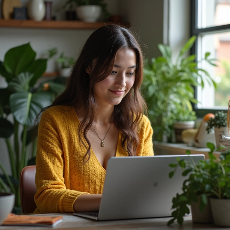 Mulher brasileira analisa dados de nicho de mercado em apartamento aconchegante.
