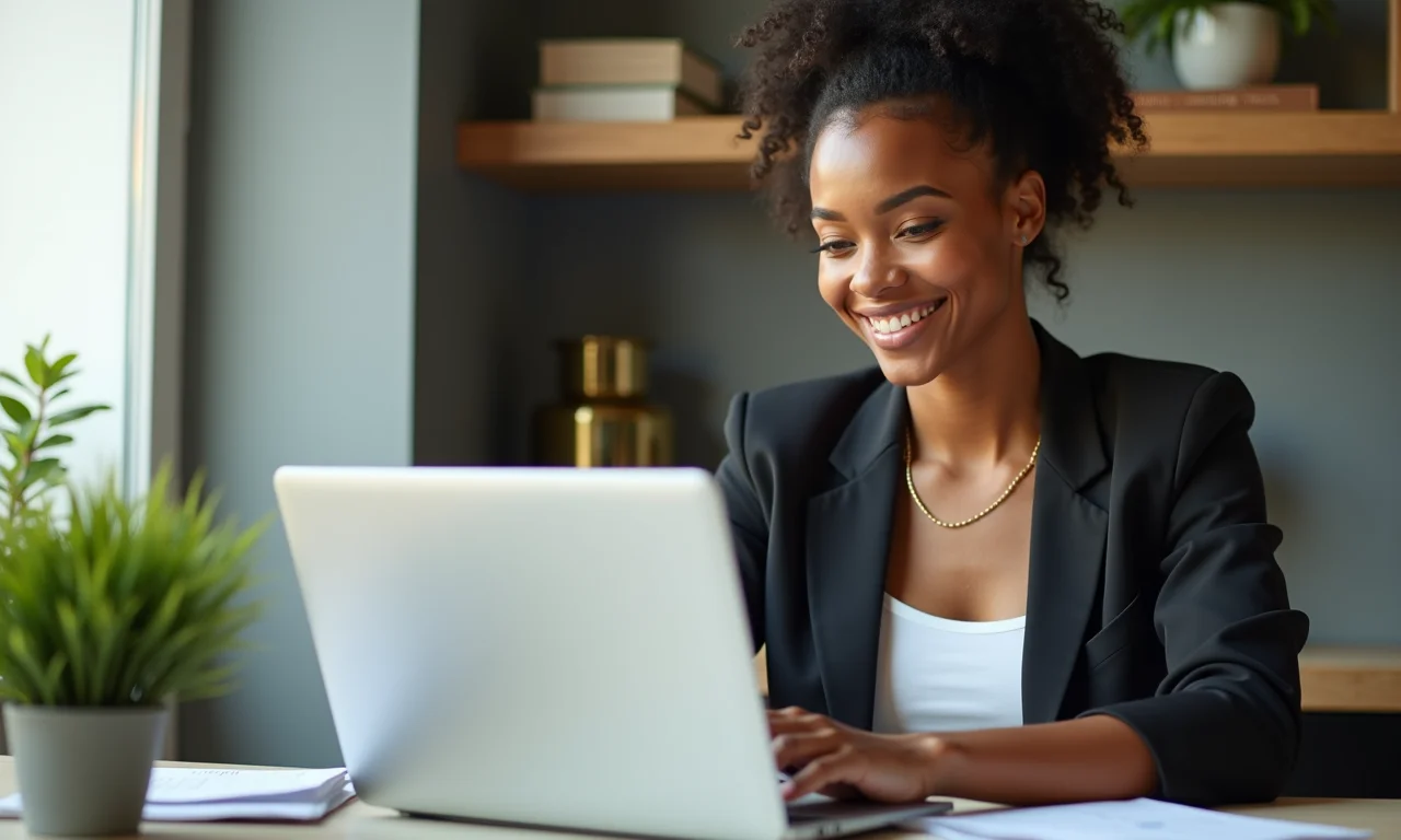 Mulher brasileira analisando dados de clientes em um laptop, identificando clientes satisfeitos.