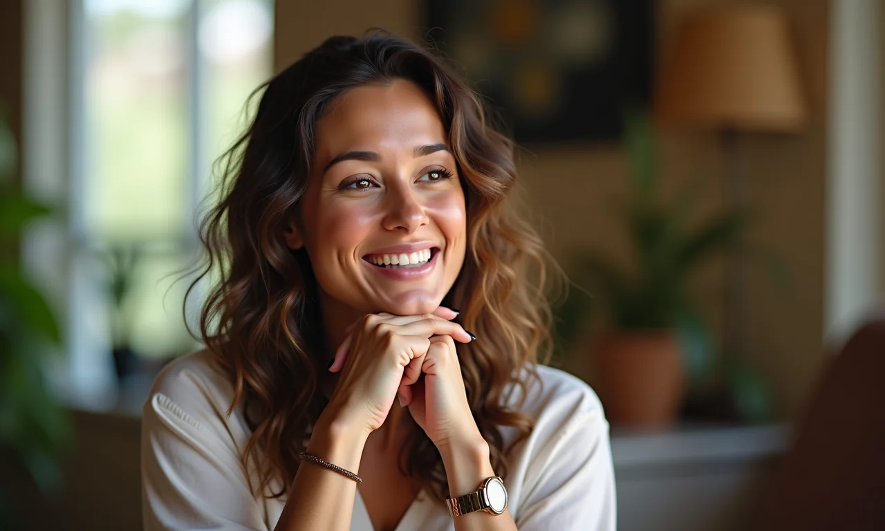 Mulher brasileira branca compartilhando histórias de sucesso de clientes em podcast.