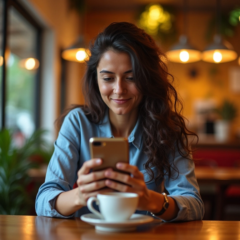 Mulher brasileira checando resultados de e-mail marketing em café colorido.