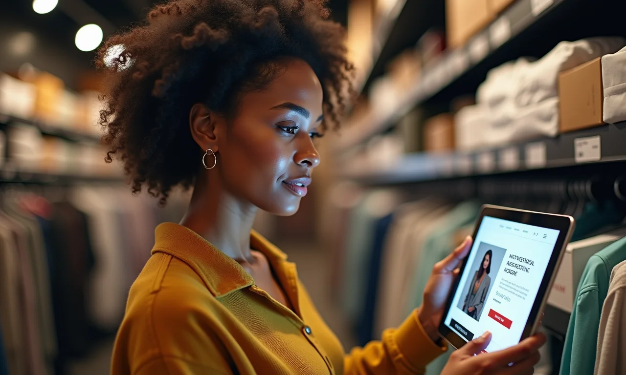 Mulher brasileira comprando acessórios de moda online e vendo ofertas de venda cruzada.