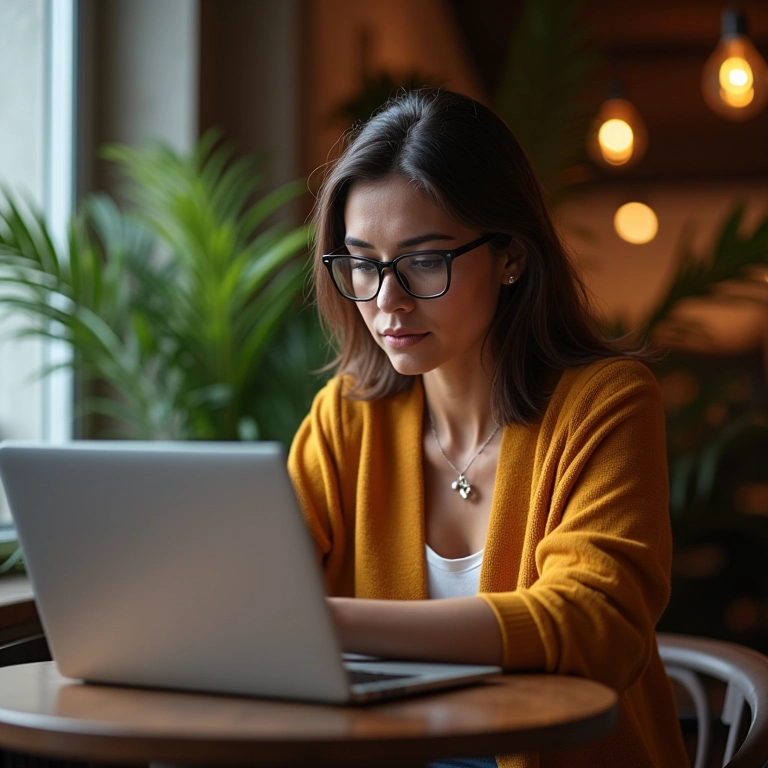 Mulher brasileira estudando marketing digital em um café.