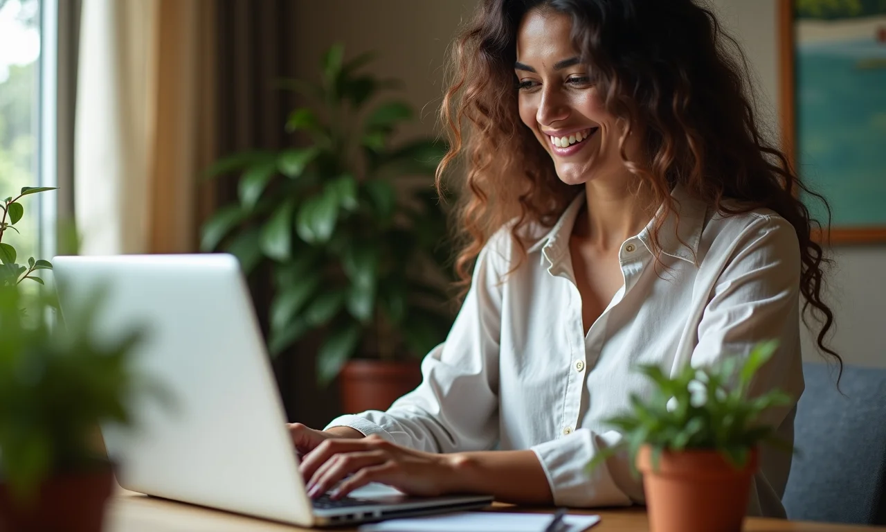 Mulher brasileira fazendo câmbio online com segurança em casa.