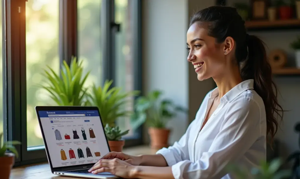 Usando o Facebook Marketplace para Alavancar Seu Ecommerce Mulher brasileira gerencia loja online no Facebook Marketplace.