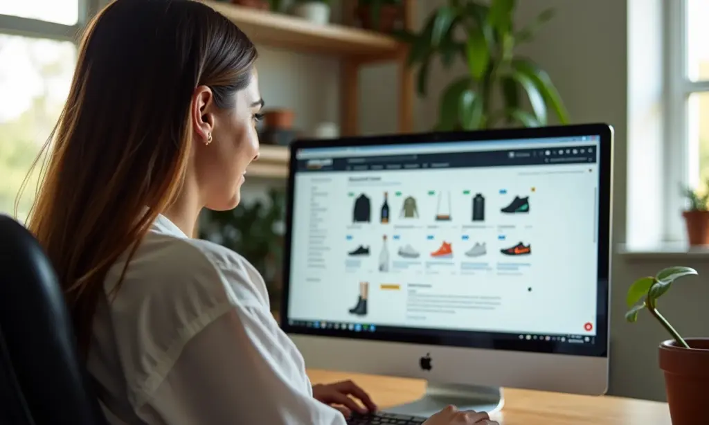 Como Vender na Amazon Integrando com Seu Ecommerce Mulher brasileira gerenciando e-commerce integrado com a Amazon.