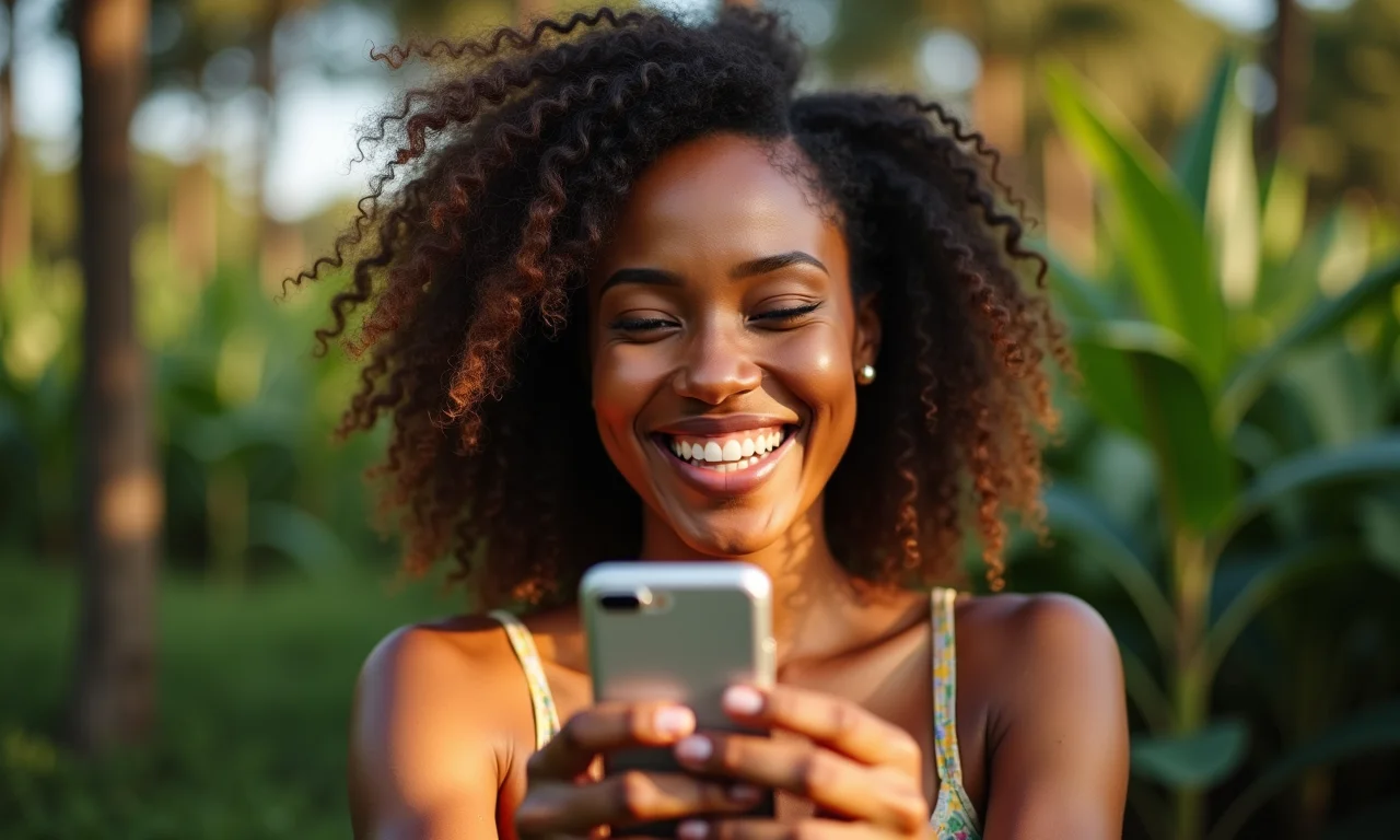 Mulher brasileira interagindo com post de mídia social com emojis, demonstrando alto engajamento.