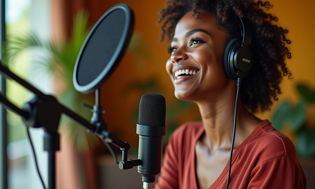 Mulher brasileira negra usando microfone USB para podcast.