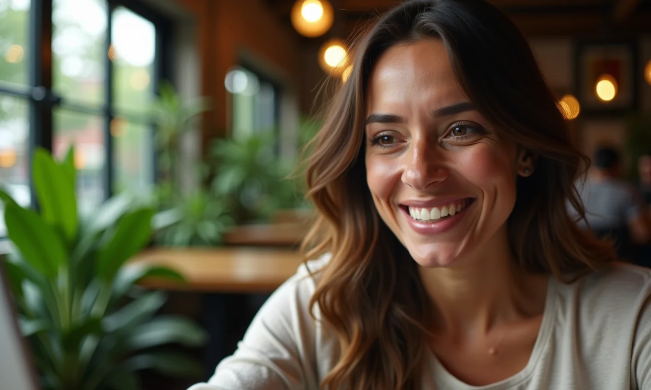 Mulher brasileira pesquisando taxas de câmbio em laptop em café charmoso em SP.