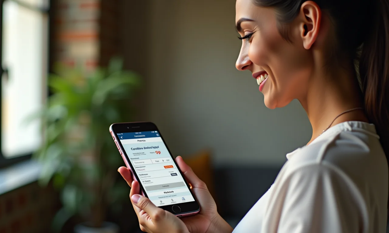 Mulher brasileira sorrindo ao usar o aplicativo Carteira de Trabalho Digital para verificar informações do PIS/PASEP.