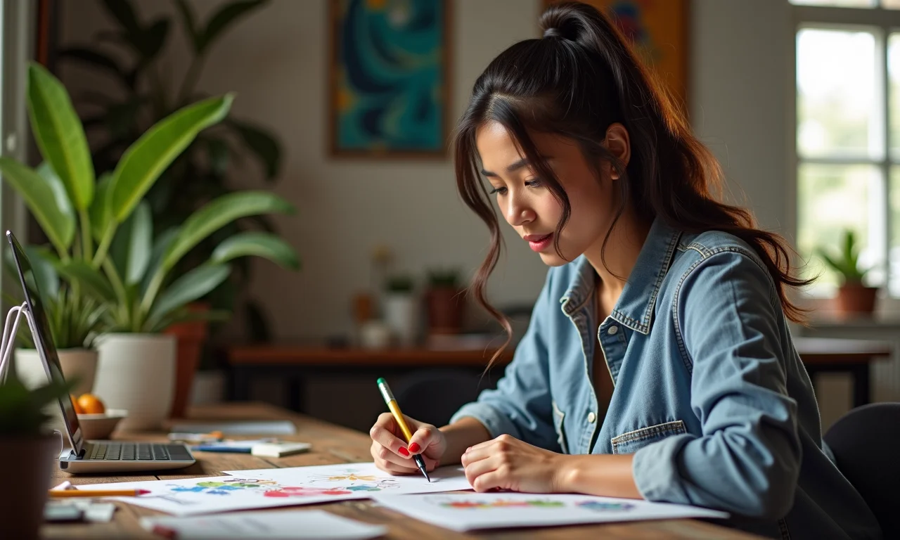 Mulher brasileira trabalhando apaixonadamente em projeto criativo em seu estúdio.