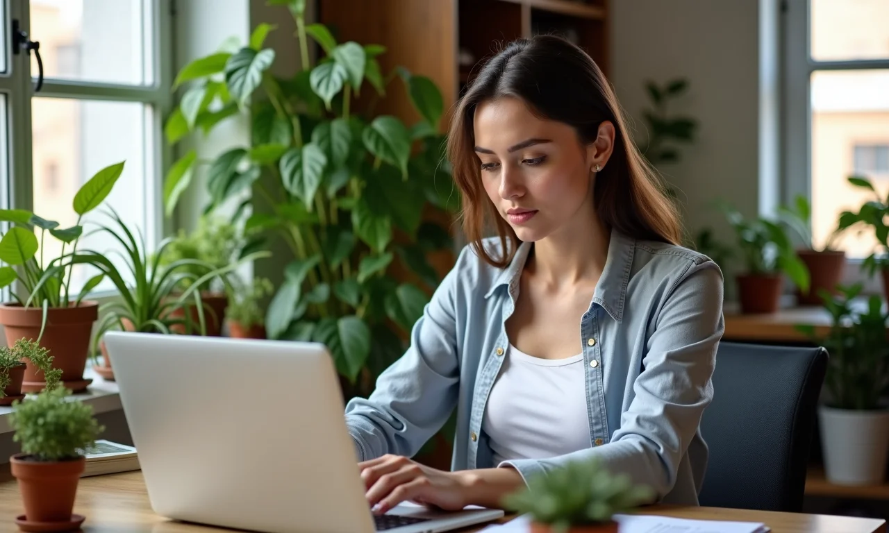 Mulher com deficiência trabalhando em home office vibrante e inclusivo.