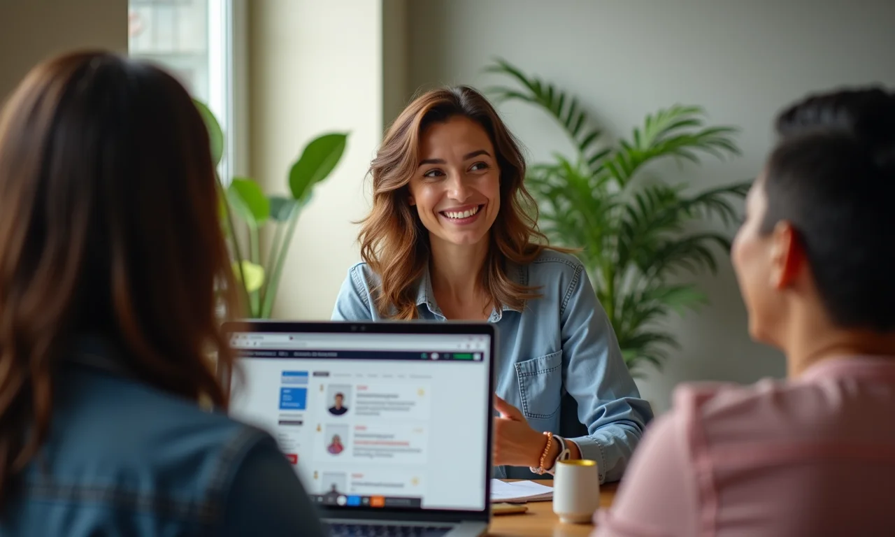 Mulher conduzindo webinar interativo com plateia virtual sorrindo e engajada.