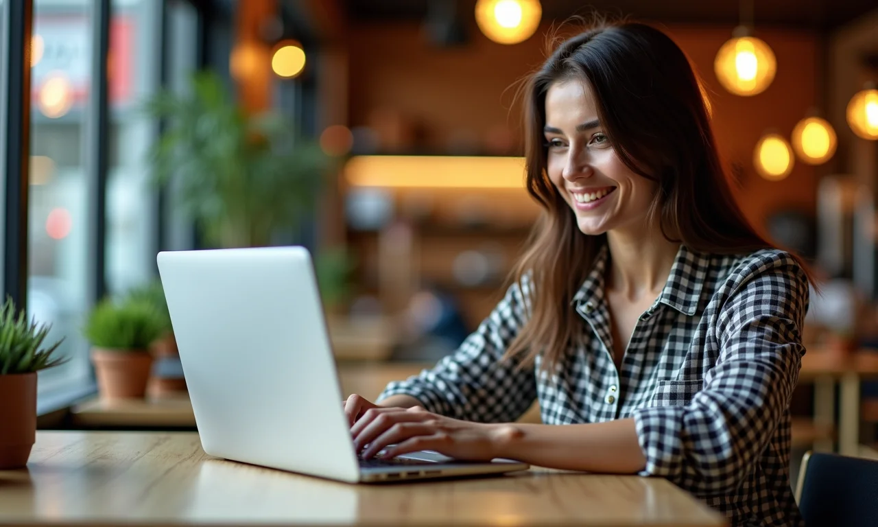 Mulher conectando-se com público-alvo online em café de SP.