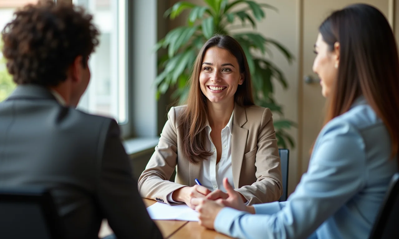 Mulher confiante em entrevista de emprego respondendo perguntas.