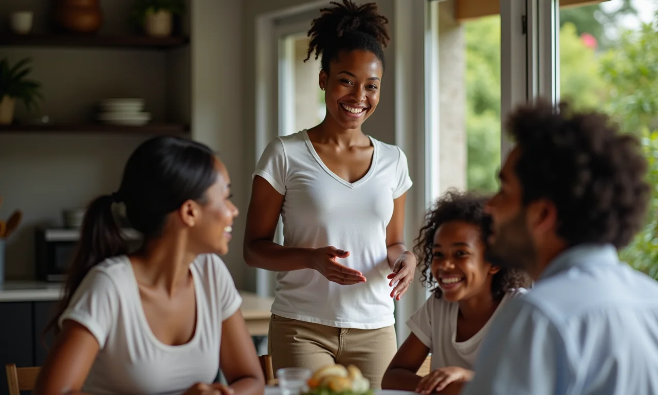 Mulher confiante lidando com comentários indesejados em reunião familiar brasileira.