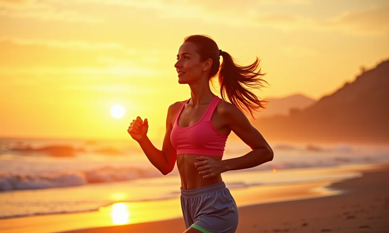 Mulher correndo na praia ao nascer do sol, representando saúde cardiovascular.