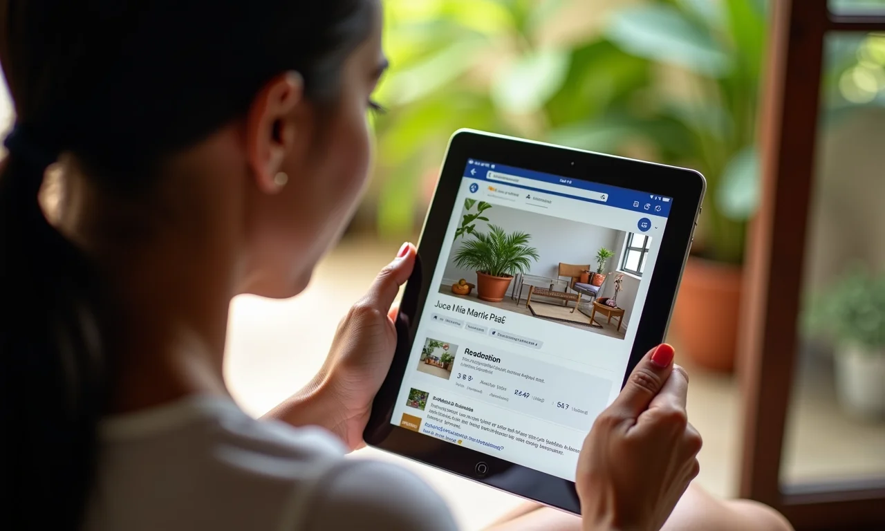 Mulher criando anúncio detalhado no Facebook Marketplace.