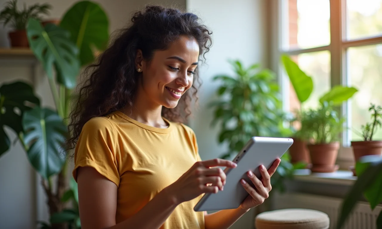 Mulher criando pesquisa no Google Forms em tablet, ambiente Farm Rio.