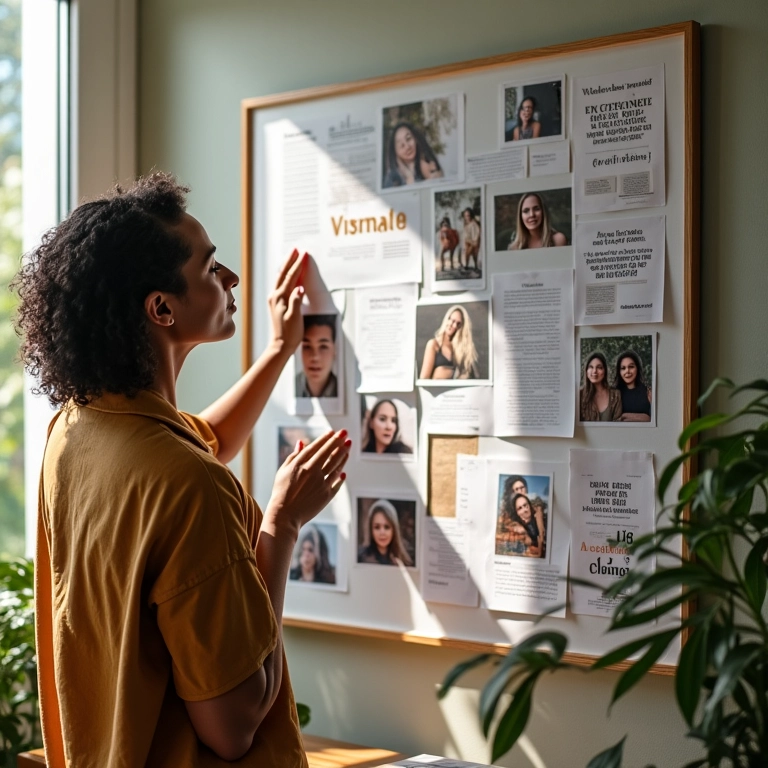 Mulher criando um quadro de visualização em um ambiente ensolarado.