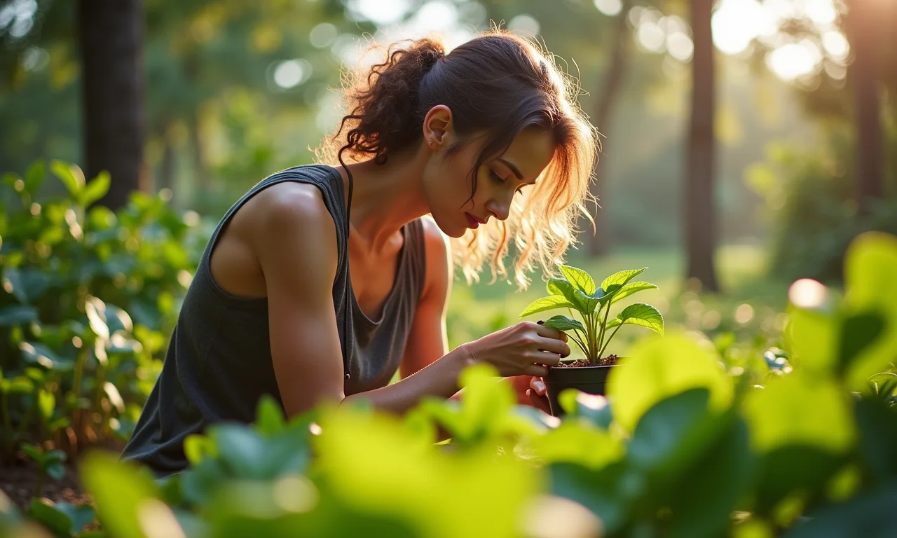 Mulher cuidando do jardim, representando redução da dor crônica.