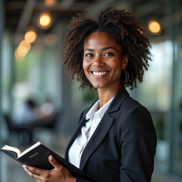 Mulher de negócios confiante apresentando dados com diário de decisões ao lado.