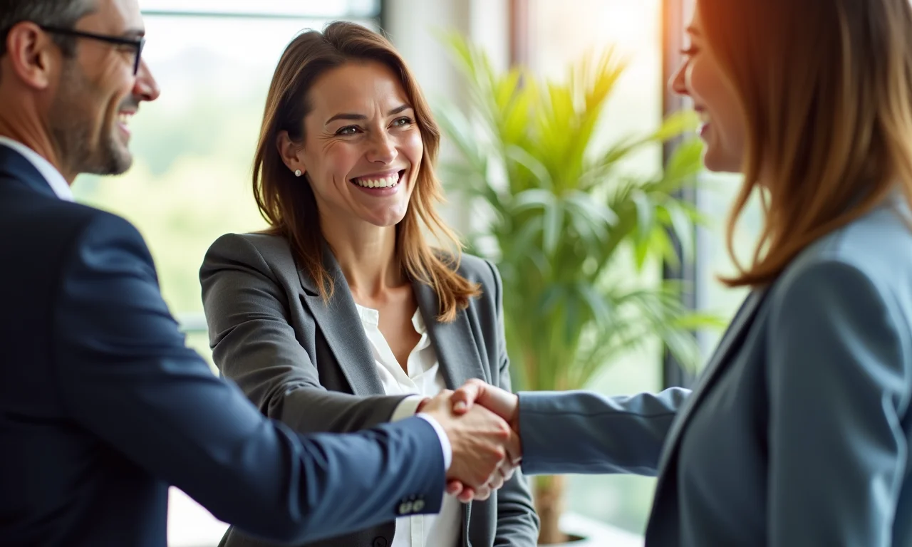 Mulher de negócios cumprimentando cliente com aperto de mão caloroso e sorriso genuíno.