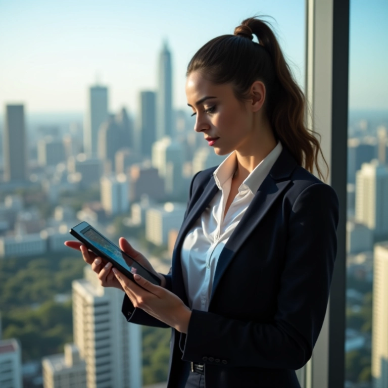 Mulher de negócios elegante em São Paulo segurando um tablet mostrando as tendências do mercado de ações.