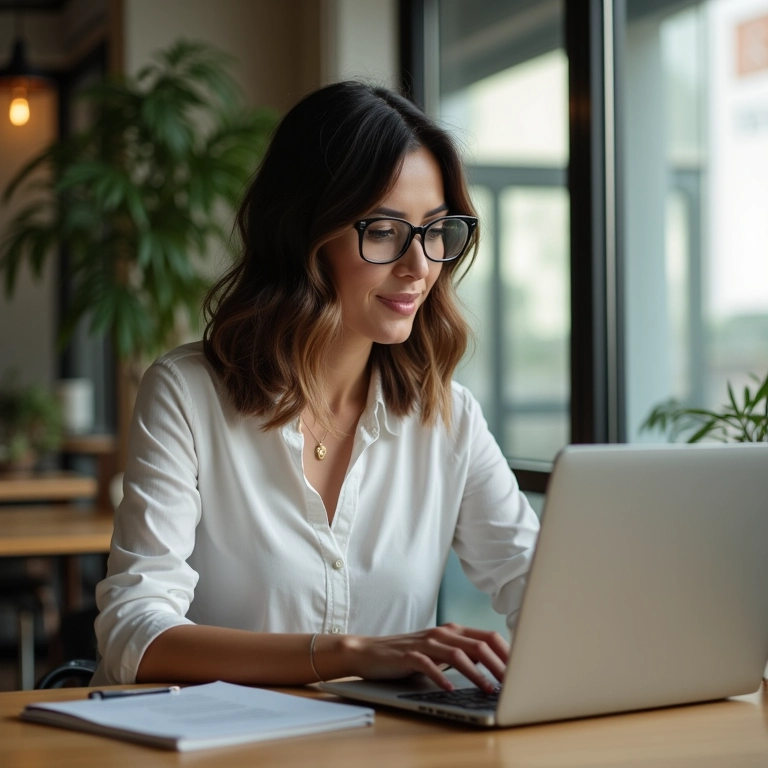 Mulher de negócios estilosa atualizando seu perfil comercial do Pinterest em um laptop em São Paulo.
