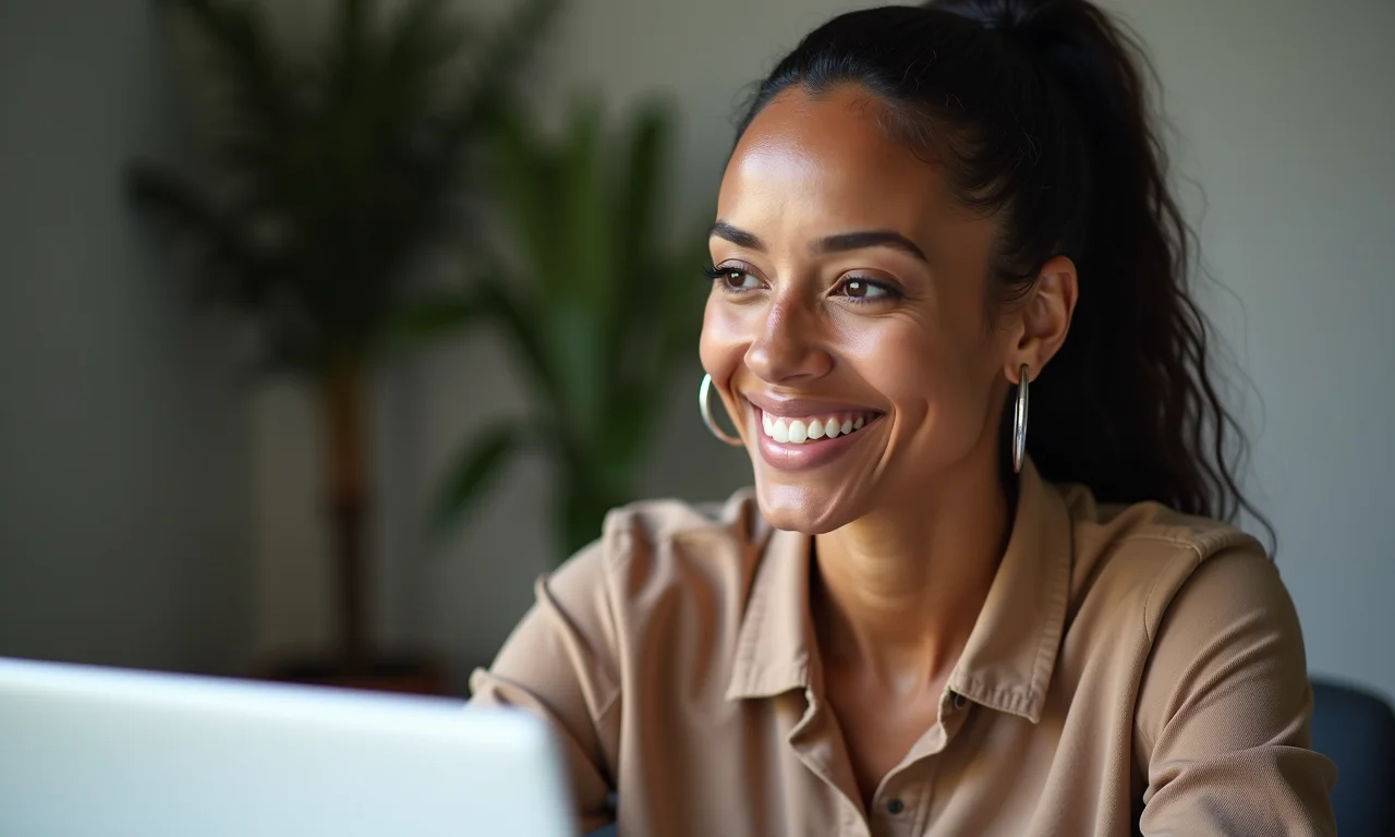 Mulher de negócios ouve atentamente cliente em videochamada.
