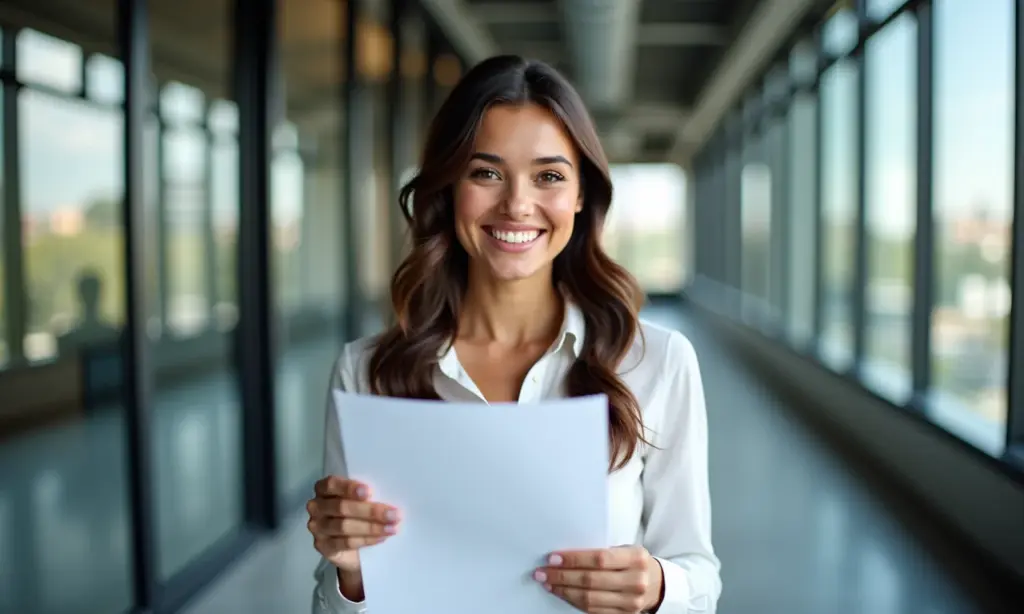 Privacidade de Dados para Profissionais em SP Conquiste a Confiança Mulher de negócios sorrindo em escritório moderno em SP, revisando documentos de privacidade de dados.