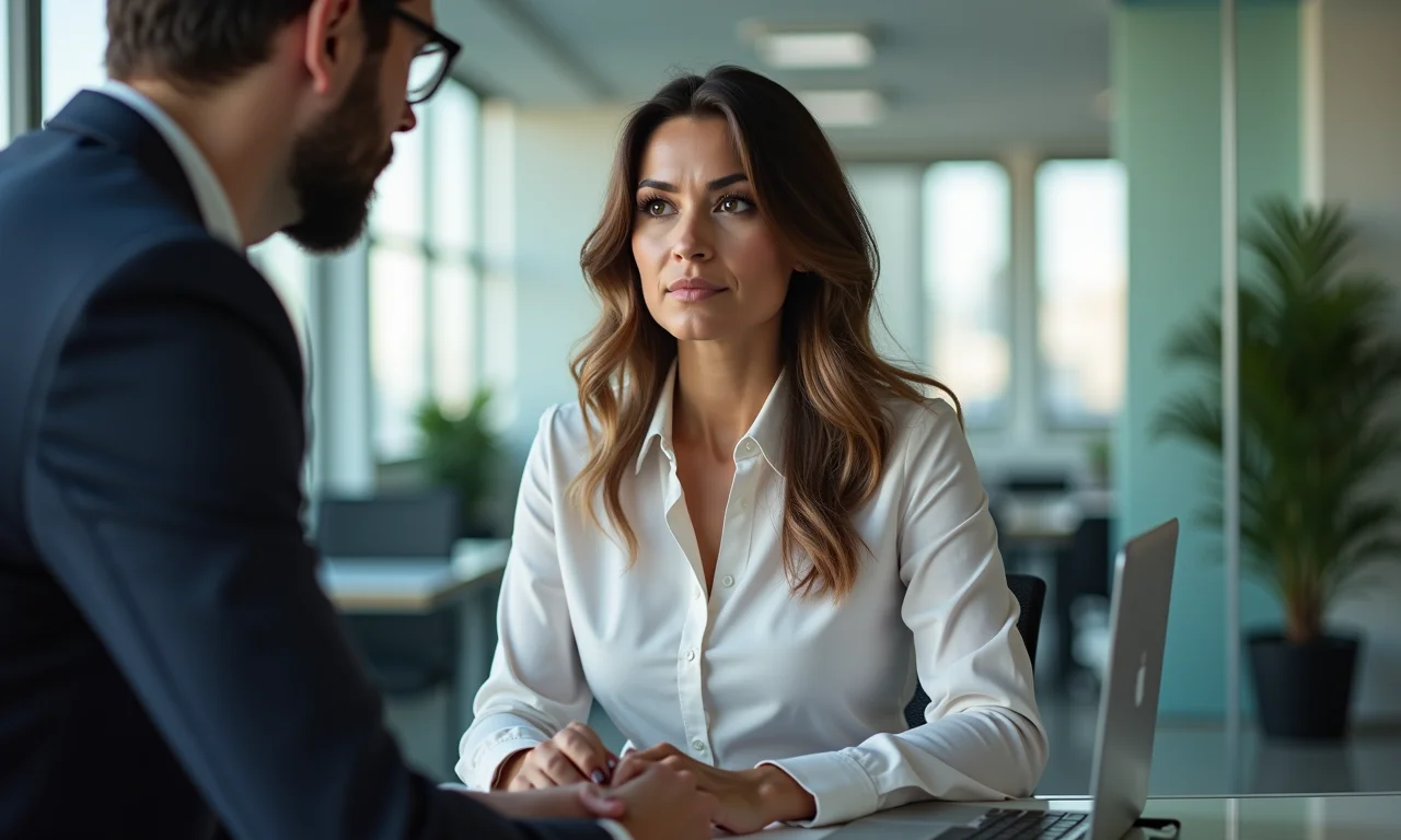 Mulher denunciando assédio para RH em escritório de SP. Denúncia formal.