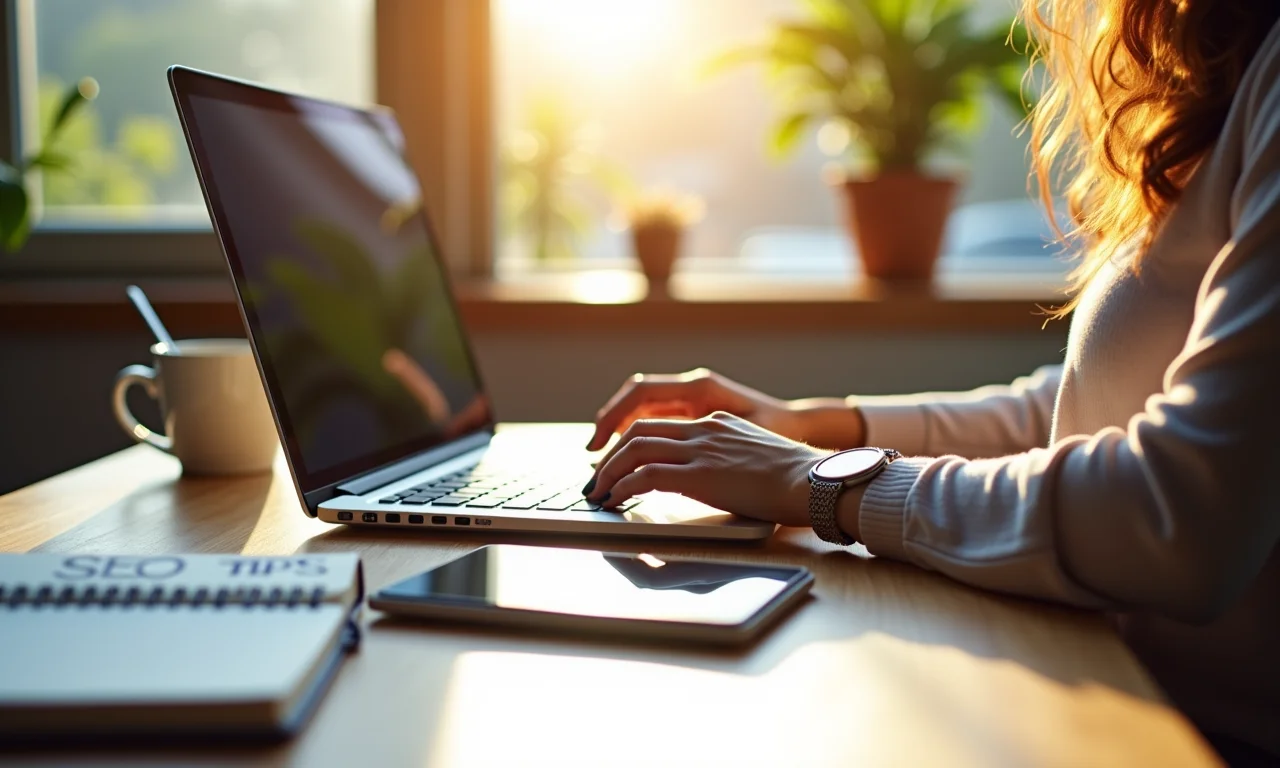 Mulher digitando artigo de blog otimizado para SEO com xícara de café e anotações.