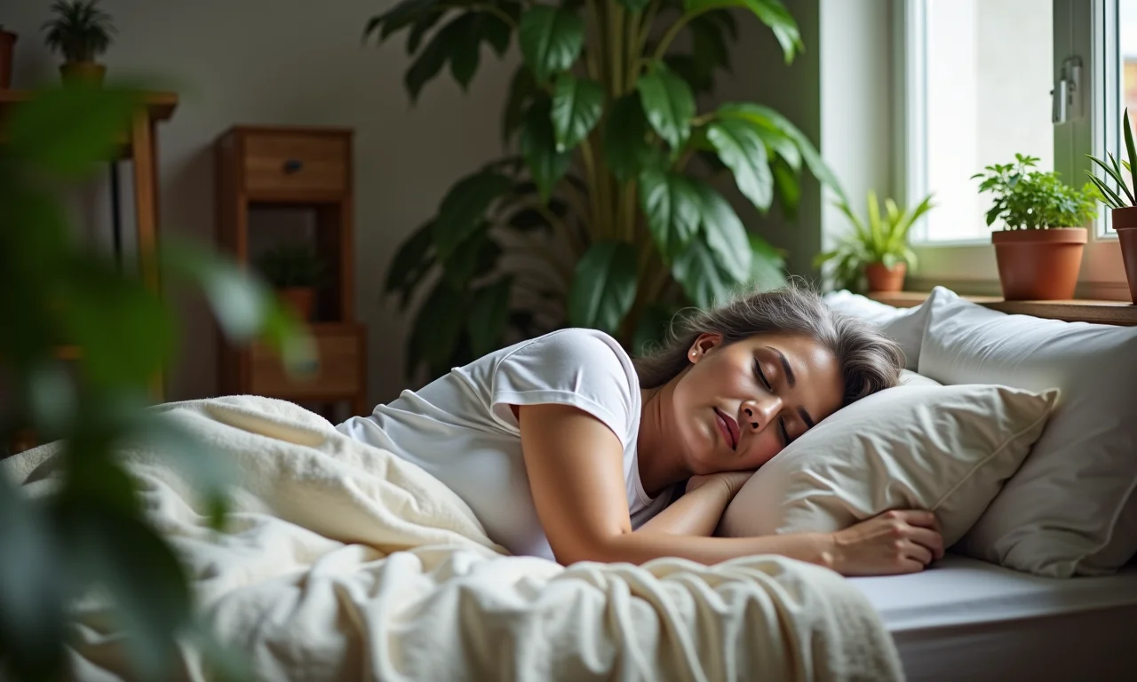Mulher dormindo tranquilamente em quarto aconchegante, representando melhora no sono.