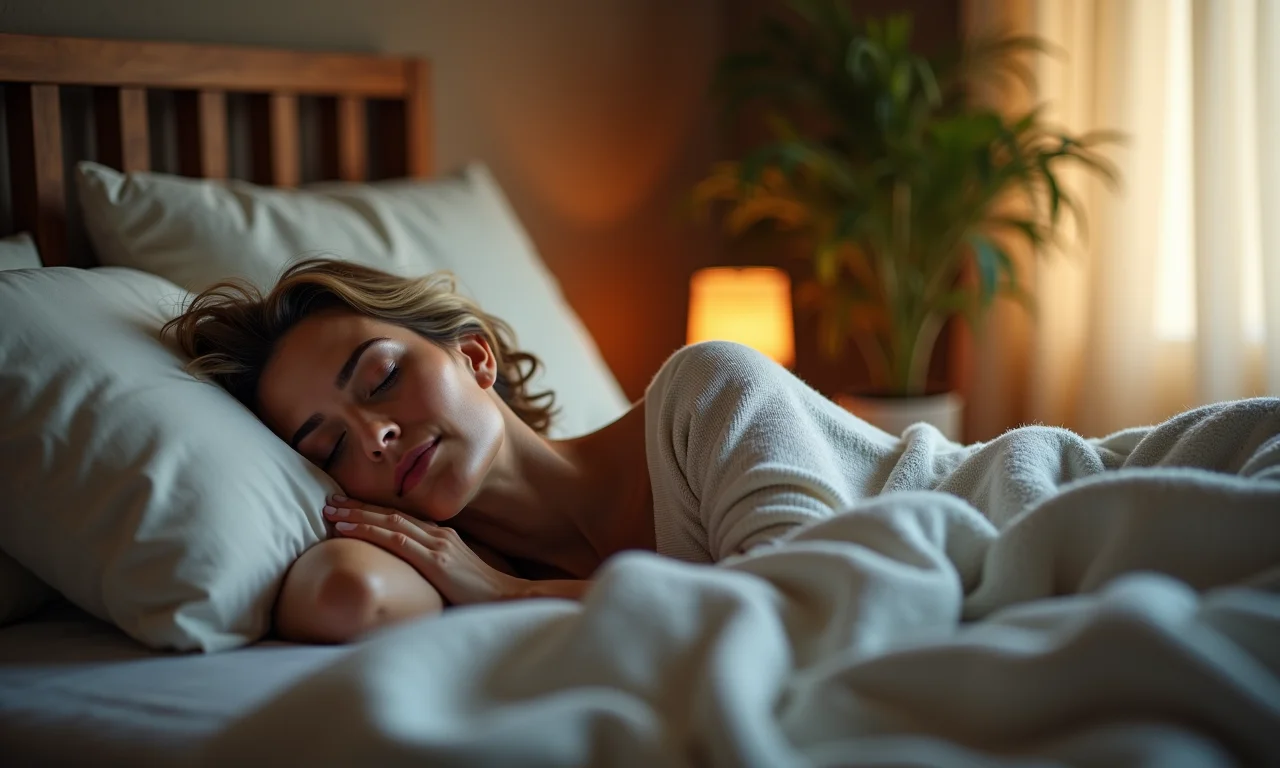 Mulher dormindo tranquilamente, priorizando o sono reparador.