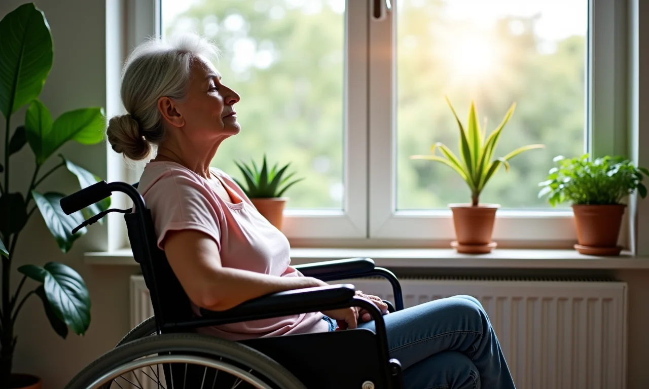 Mulher em cadeira de rodas descansando em casa após aposentadoria por invalidez.