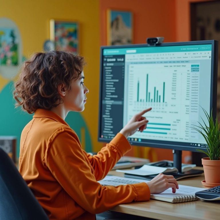 Mulher em escritório colorido tomando decisão com gráficos e planilhas exibindo despesas fixas.