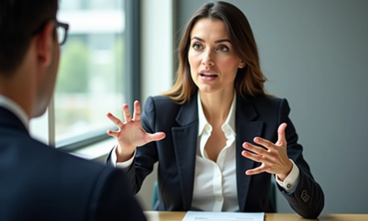 Mulher em reunião de negócios gesticulando e mantendo contato visual.