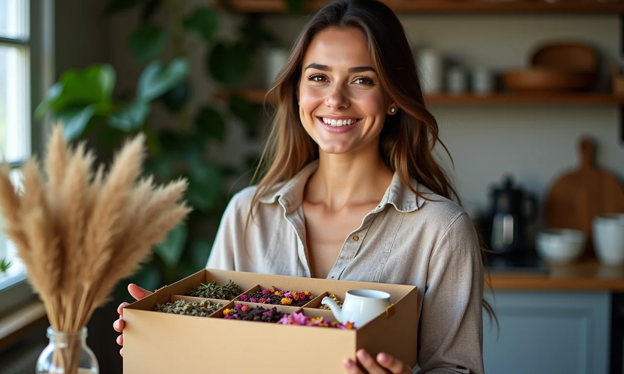 Mulher embalando chá para envio em embalagem ecológica.